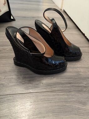 Bottega Veneta Black Patent Woven Wedge Slingback wedge